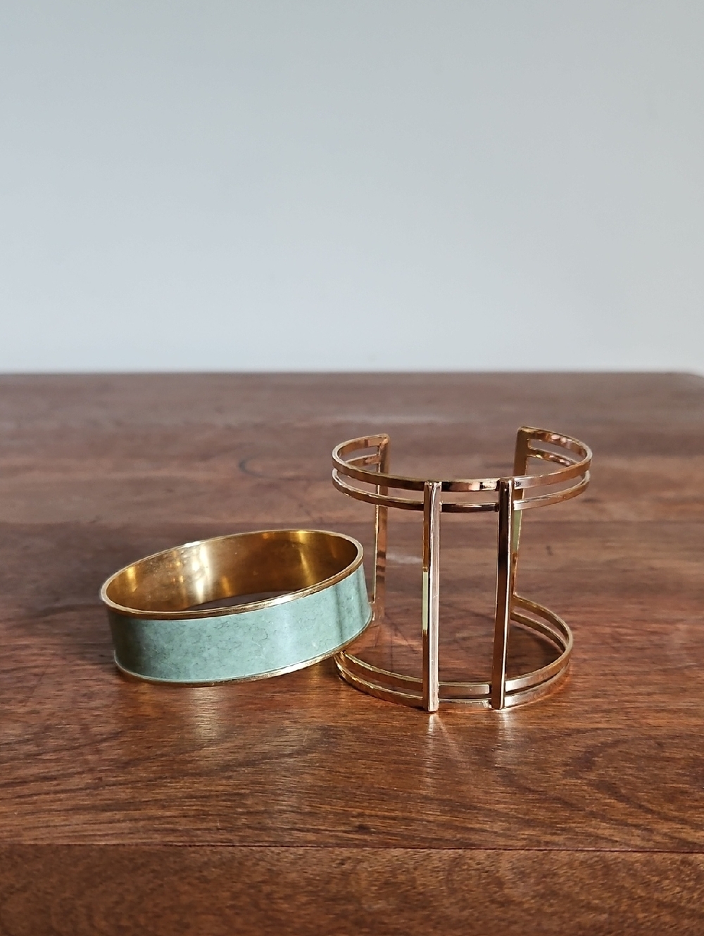 Gold-Tone Metal Open Cuff Bracelet with Green Bangle Set